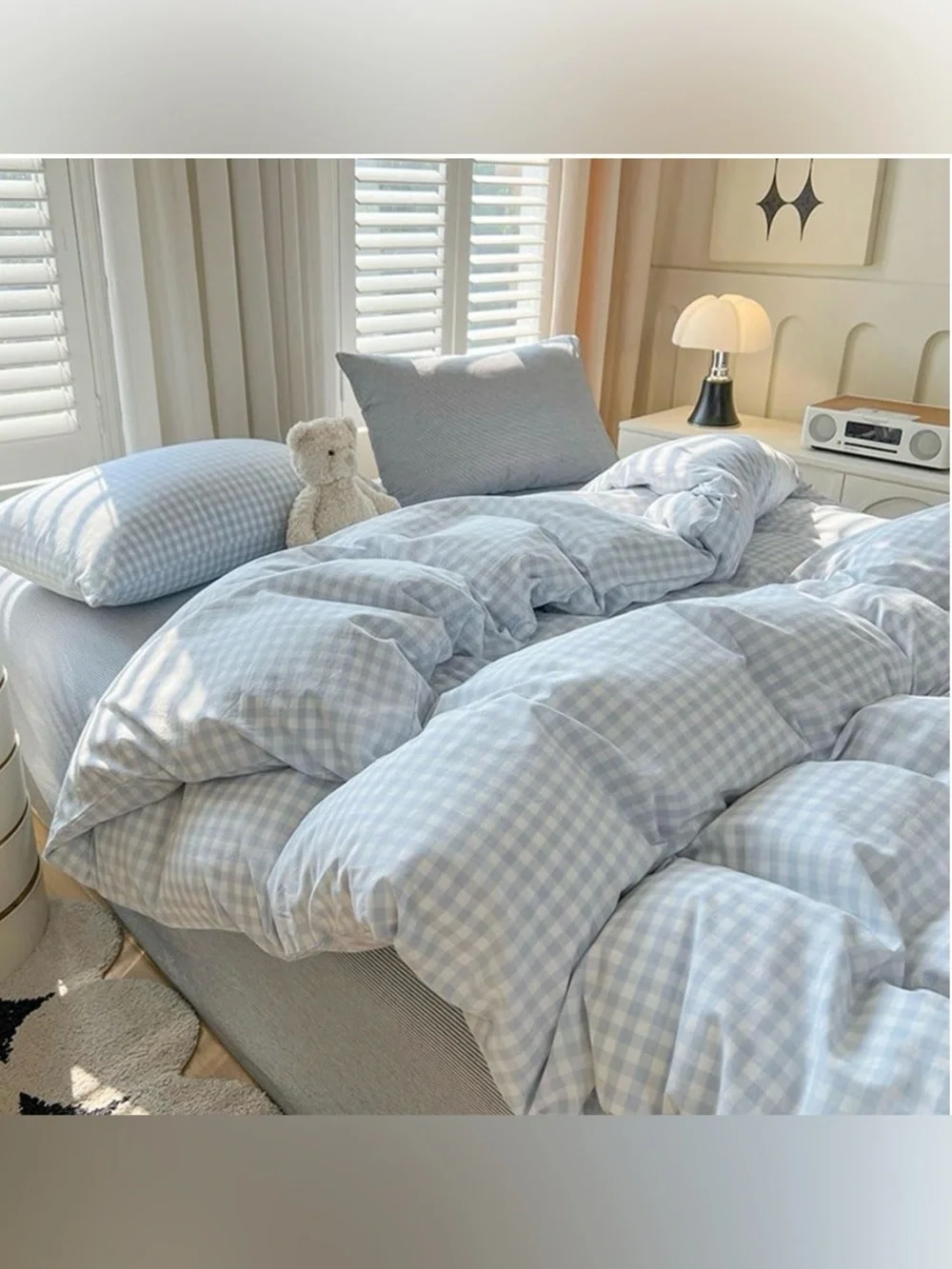 FULL SIZE Ultra-Soft GINGHAM Duvet Set 100% Washed Microfiber - BLUE & WHITE